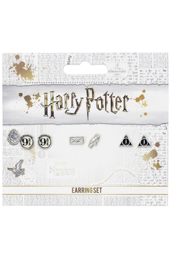 Set Tre Paia di Orecchini A Lobo Ufficiali Harry Potter Doni della Morte Edwige Lettera e Binario 9 3/4 Con Confezione Originale