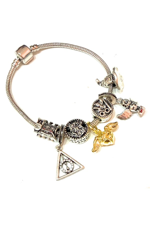 Bracciale modello snake con charms pendenti e a scorrimento simboli magici mago saetta civetta boccino doni morte cappello 2