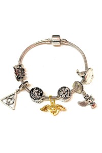 Bracciale modello snake con charms pendenti e a scorrimento simboli magici mago saetta civetta boccino doni morte cappello